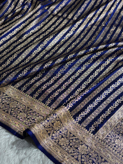 Royal Blue Shades Stripe Pattern Banarasi Satin Silk Saree SS46