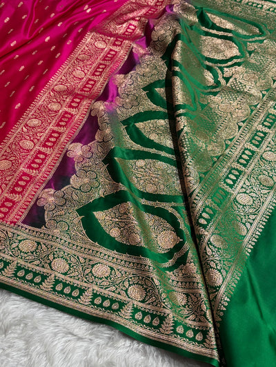 Contrast Rani / Green Floral Booti Banarasi Satin Katan Silk Saree SK14