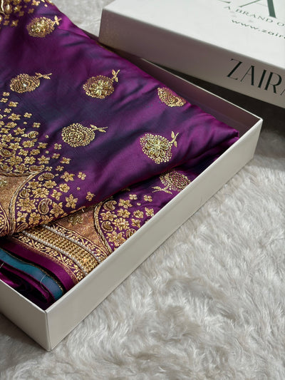 Banarasi Satin Katan Saree With Ari & Zardozi Work Boota in Wine Shades BSK111