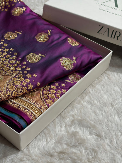 Banarasi Satin Katan Saree With Ari & Zardozi Work Boota in Wine Shades BSK111