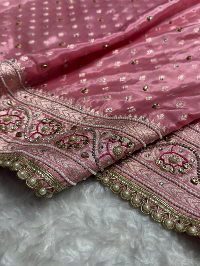 Blush Pink Shades Border Crepe Silky Katan With Ari Zardozi & Gotta Patti Work  Banarasi Saree BCSKGP-04