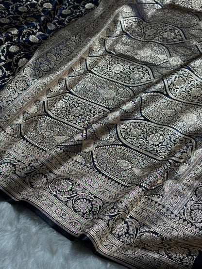 Ultra Light Weight Satin Silk Jaal in Dark Navy Blue Shades SS13