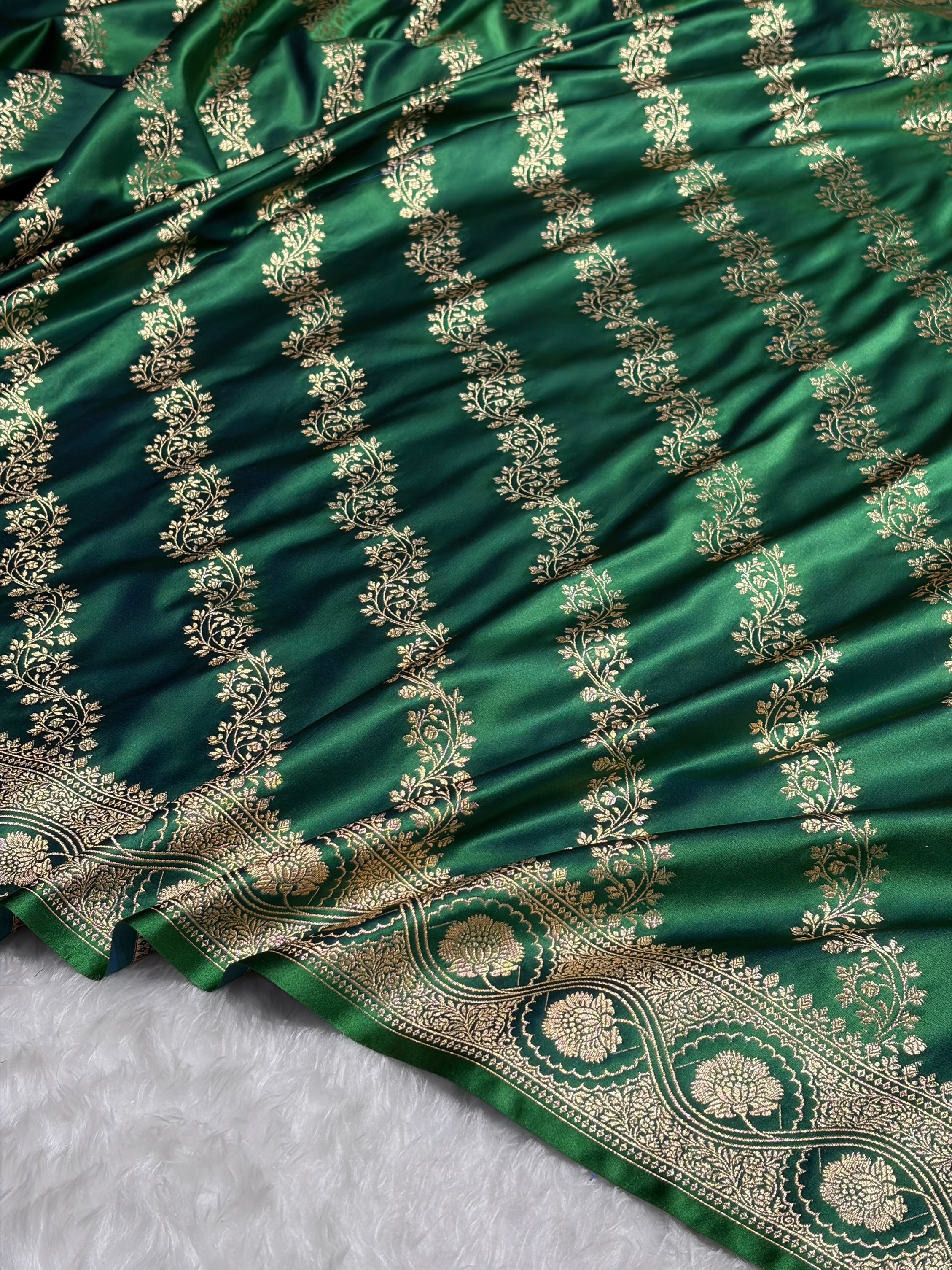 Cross Green Floral Cross Pattern Satin Katan Silk Saree SK74
