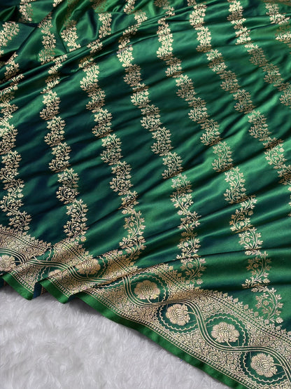 Cross Green Floral Cross Pattern Satin Katan Silk Saree SK74