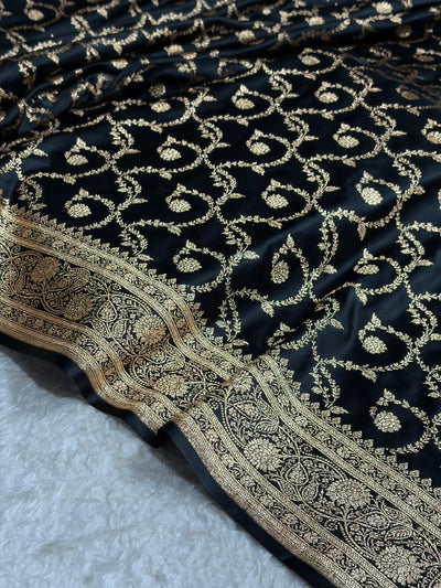 Black Floral Jaal Pattern Satin Katan Silk saree SK55