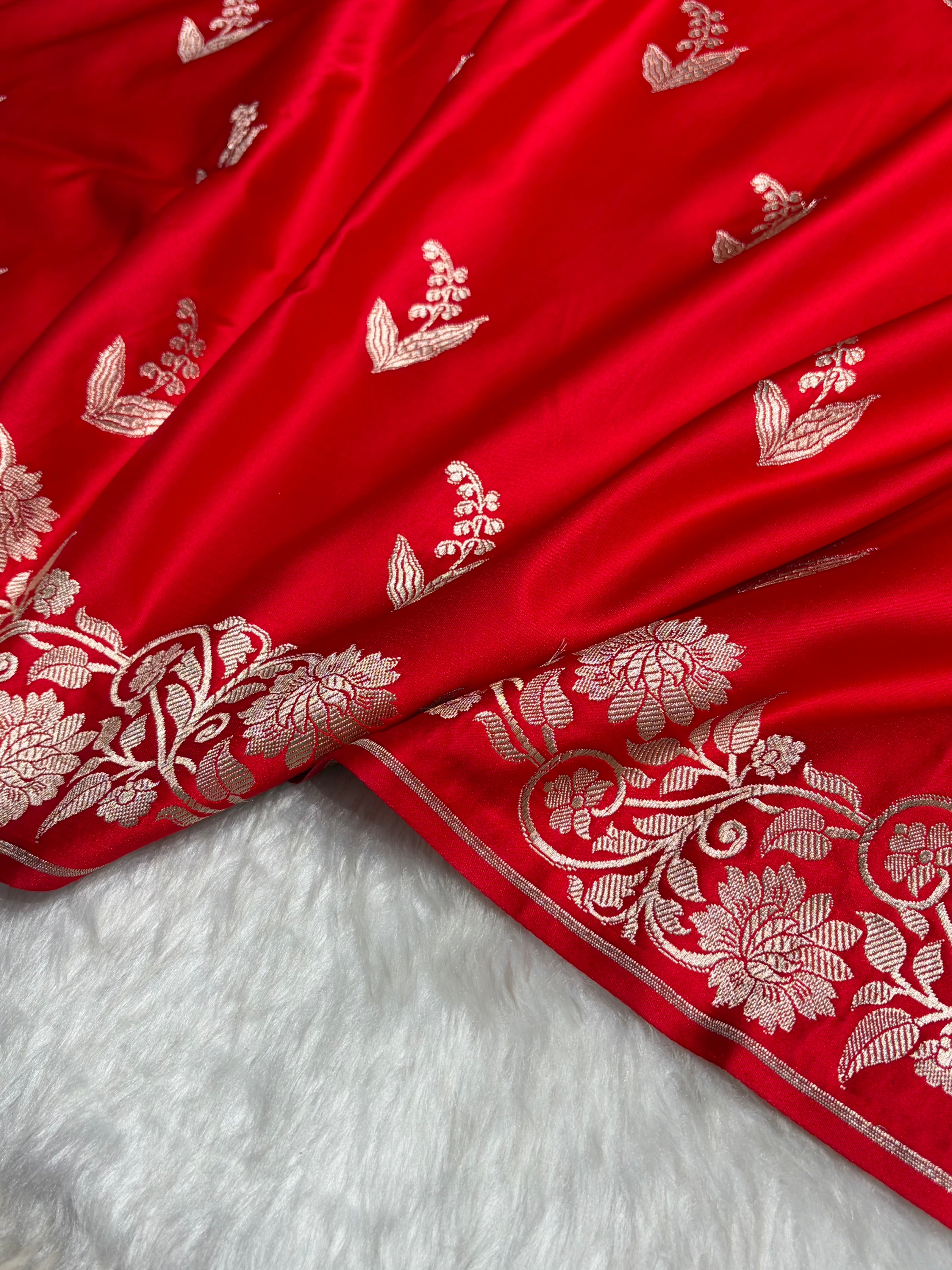 Red Boota With Floral Border Mashru Silk Saree MSM-90