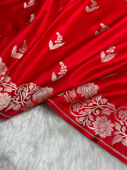 Red Boota With Floral Border Mashru Silk Saree MSM-90