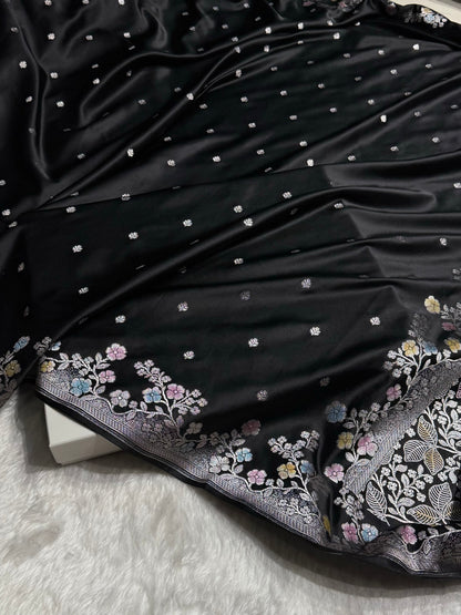 Black Shades Minakari Floral Border Booti Mashru Silk Saree MS75