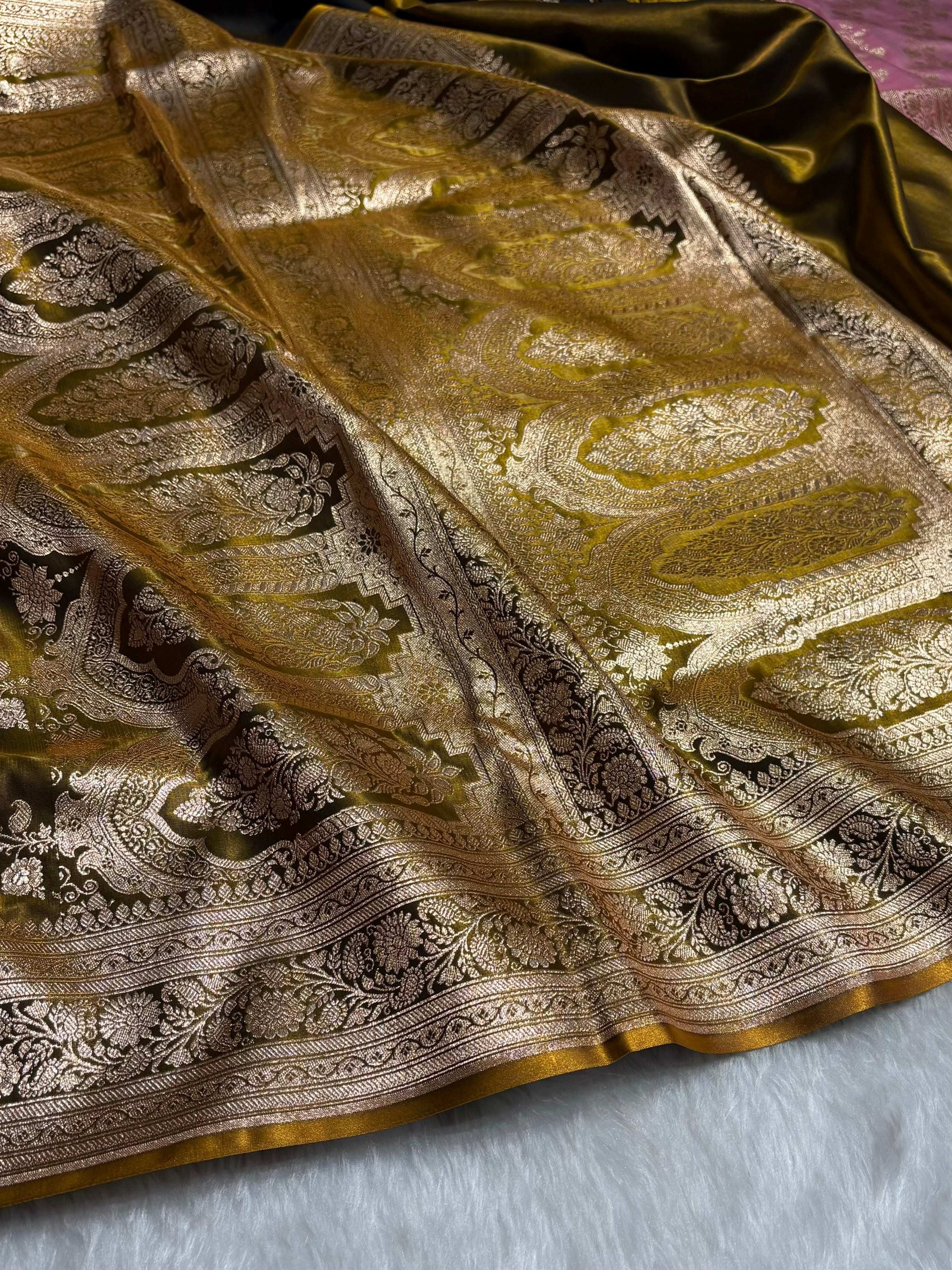 Dark Mahendi Shades Banarasi  Cross Jaal Satin Silk Saree SS11