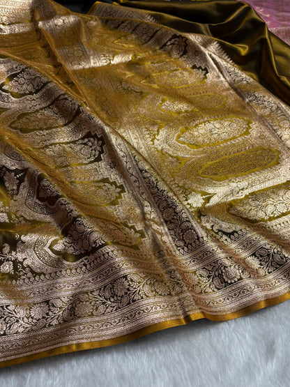 Dark Mahendi Shades Banarasi  Cross Jaal Satin Silk Saree SS11