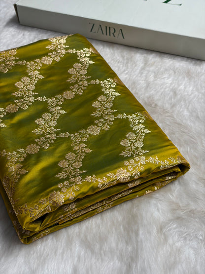 Mehandi Floral Jaal Pattern Satin Katan Silk Saree SK43