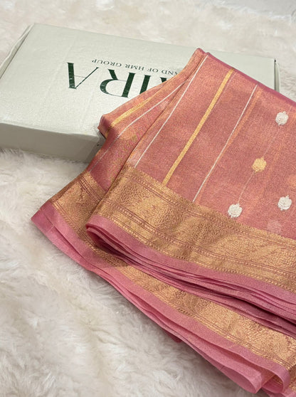 Baby Peach Bananasi Floral Shades Pure Tissue Silk Saree PT-47