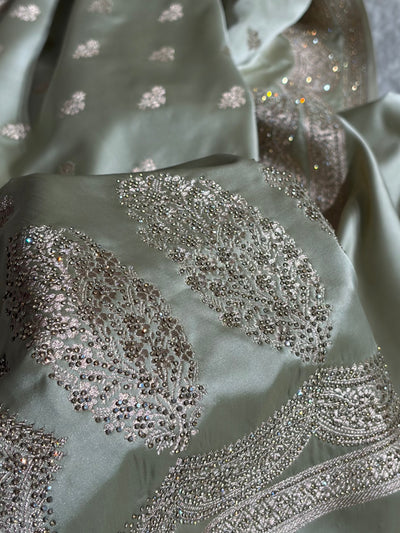 Banarasi Light Pista Scallop Mashru Silk with White Stone Swarovski work BMCS02
