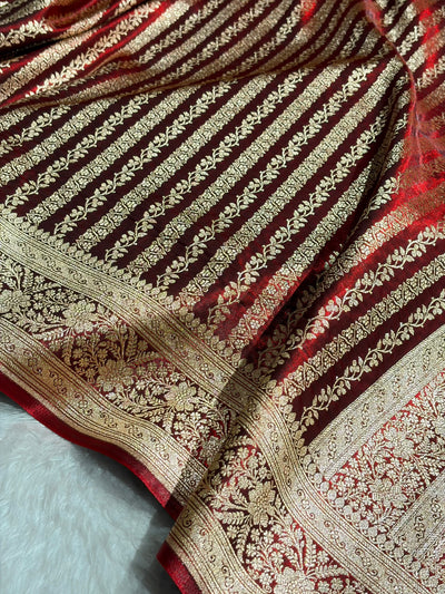 Maroon Shades Stripe Pattern Banarasi Satin Silk Saree SS46