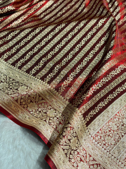 Maroon Shades Stripe Pattern Banarasi Satin Silk Saree SS46