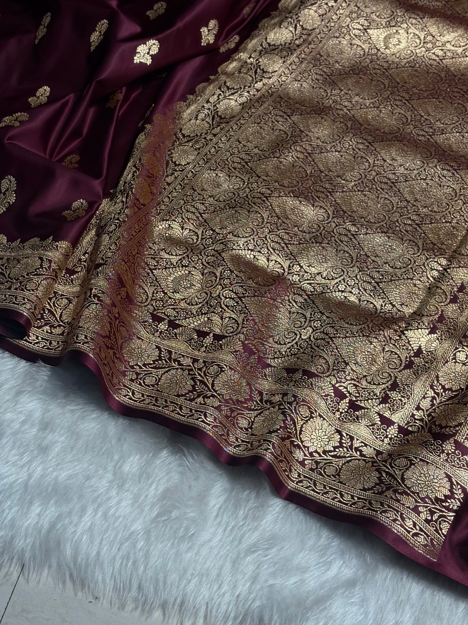 Garnet Shades Floral Booti Motif Satin Katan Silk saree SK61