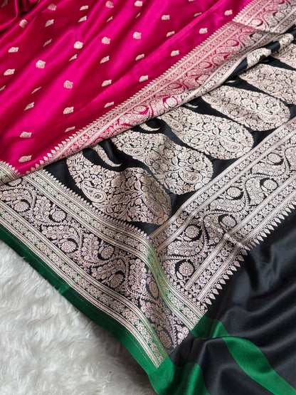 Banarasi Rani With Contrast Black Floral Border Mashru Silk Saree MSM-101