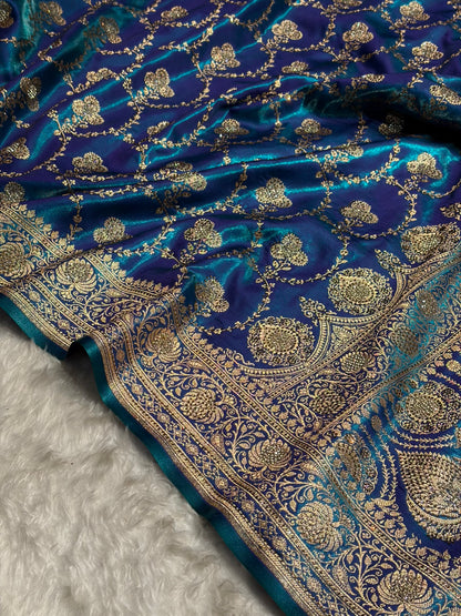 Satin Silk Saree Swarovski Work Jaal in Peacock Blue Shades BSS23 (R)