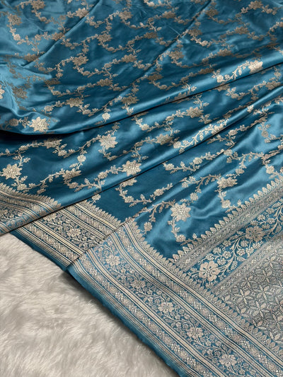 Sky Blue Shades Jaal Pattern Floral Jaal Mashru Silk Saree MCS07