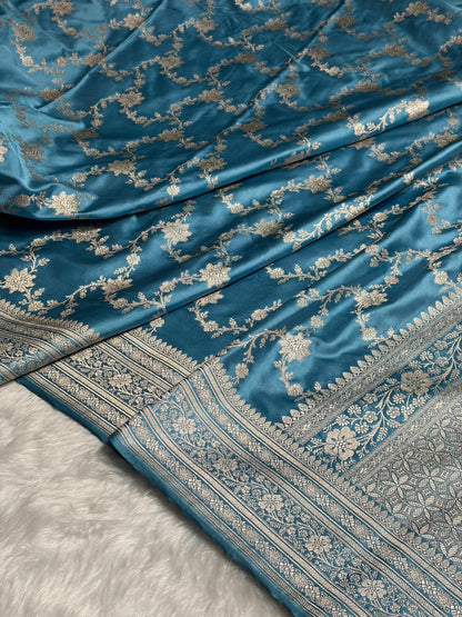 Sky Blue Shades Jaal Pattern Floral Jaal Mashru Silk Saree MS07