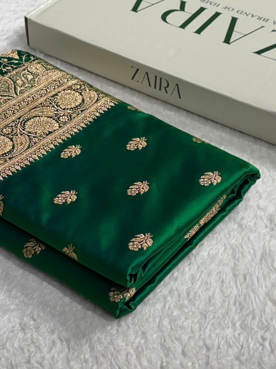 Cross Green Floral Boota Pattern Satin Katan Silk Saree SK71