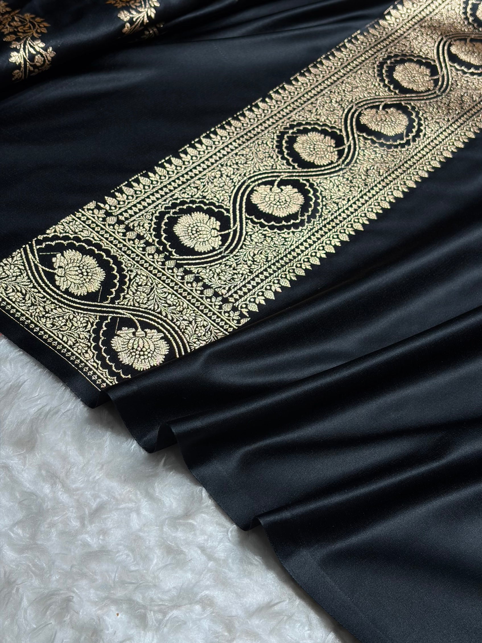 Black Floral Cross Pattern Satin Katan Silk Saree SK74