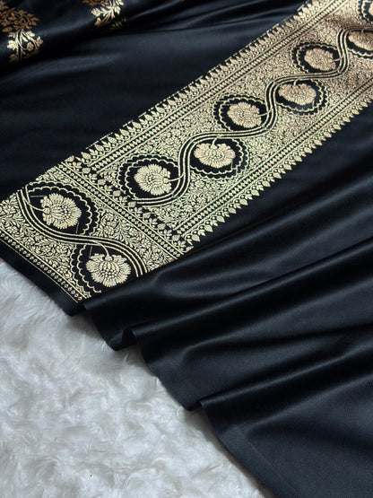 Black Floral Cross Pattern Satin Katan Silk Saree SK74