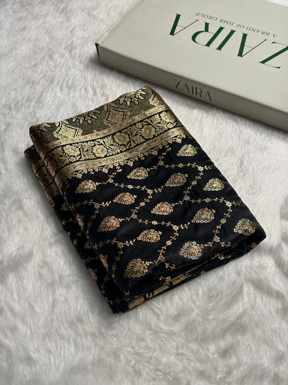 Black Floral Jaal Pattern Satin Katan Silk saree SK42