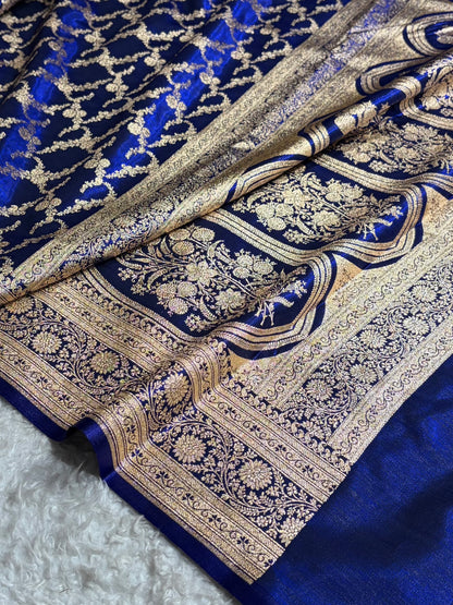 Royal Blue Shades Cross Pattern Banarasi Satin Silk Saree SS40