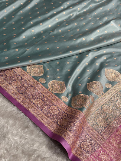 Turquoise with Lavender Booti Satin Katan Silk saree SK29