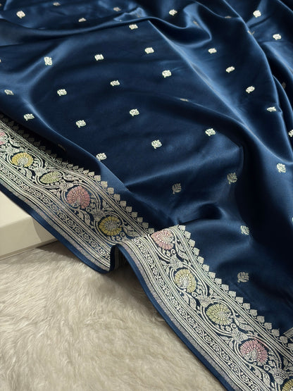 Banarasi Dark German Blue Booti Mashru Silk Saree MS10
