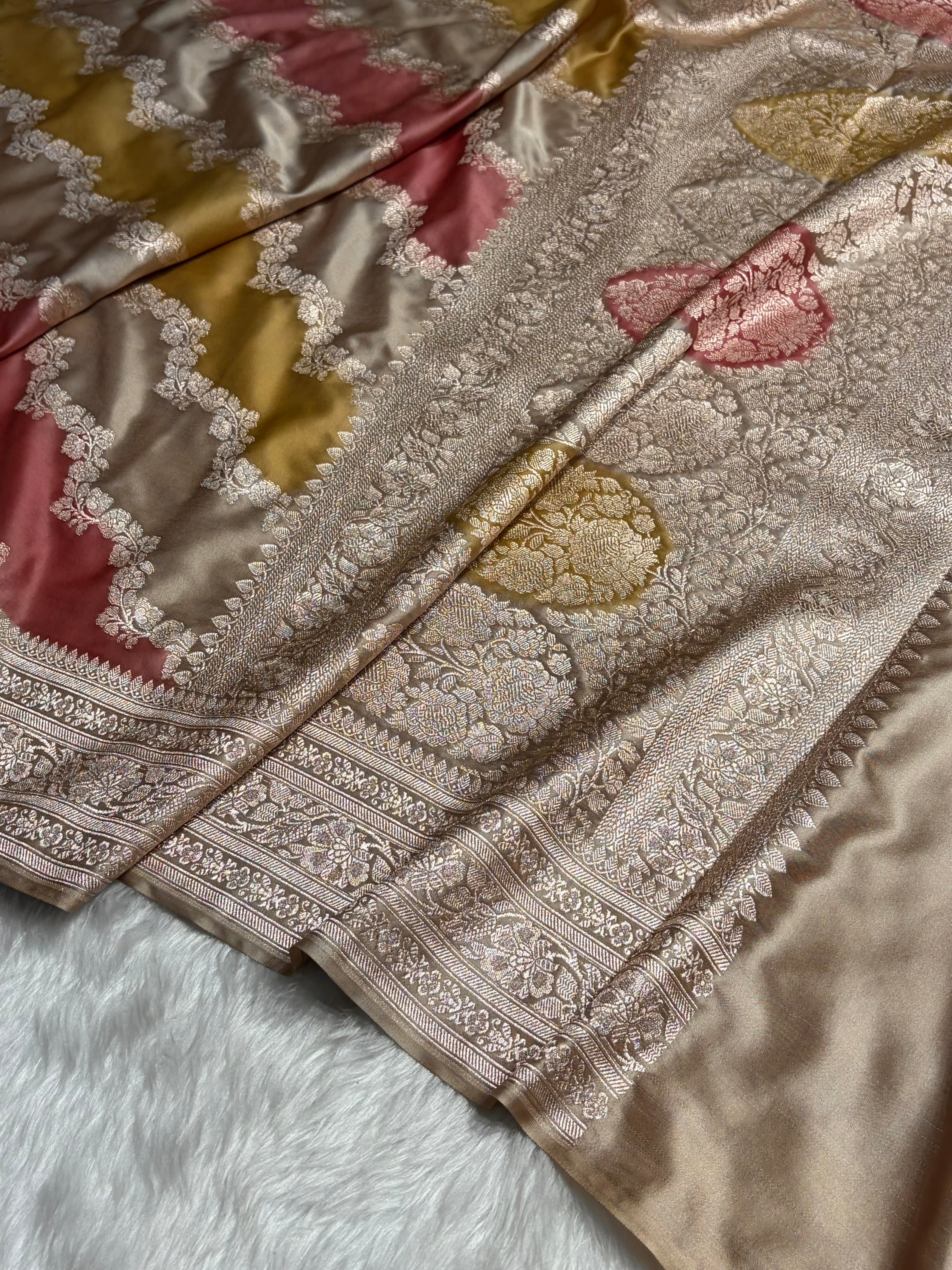 Light Beige Cross Rangkat Mashru Silk Saree With Cross Pattern MS02