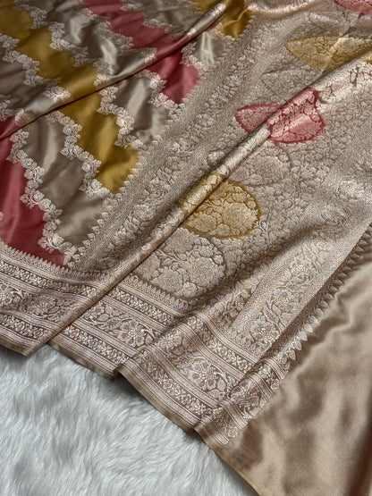 Light Beige Cross Rangkat Mashru Silk Saree With Cross Pattern MS02
