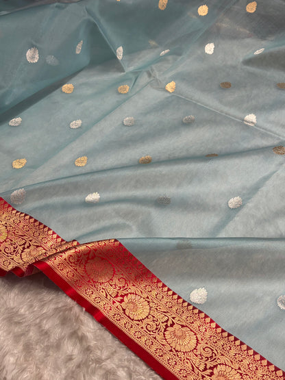 Contrast Pure Banarasi Organza Turquoise With Red Floral Banarasi Silk Saree PO-11