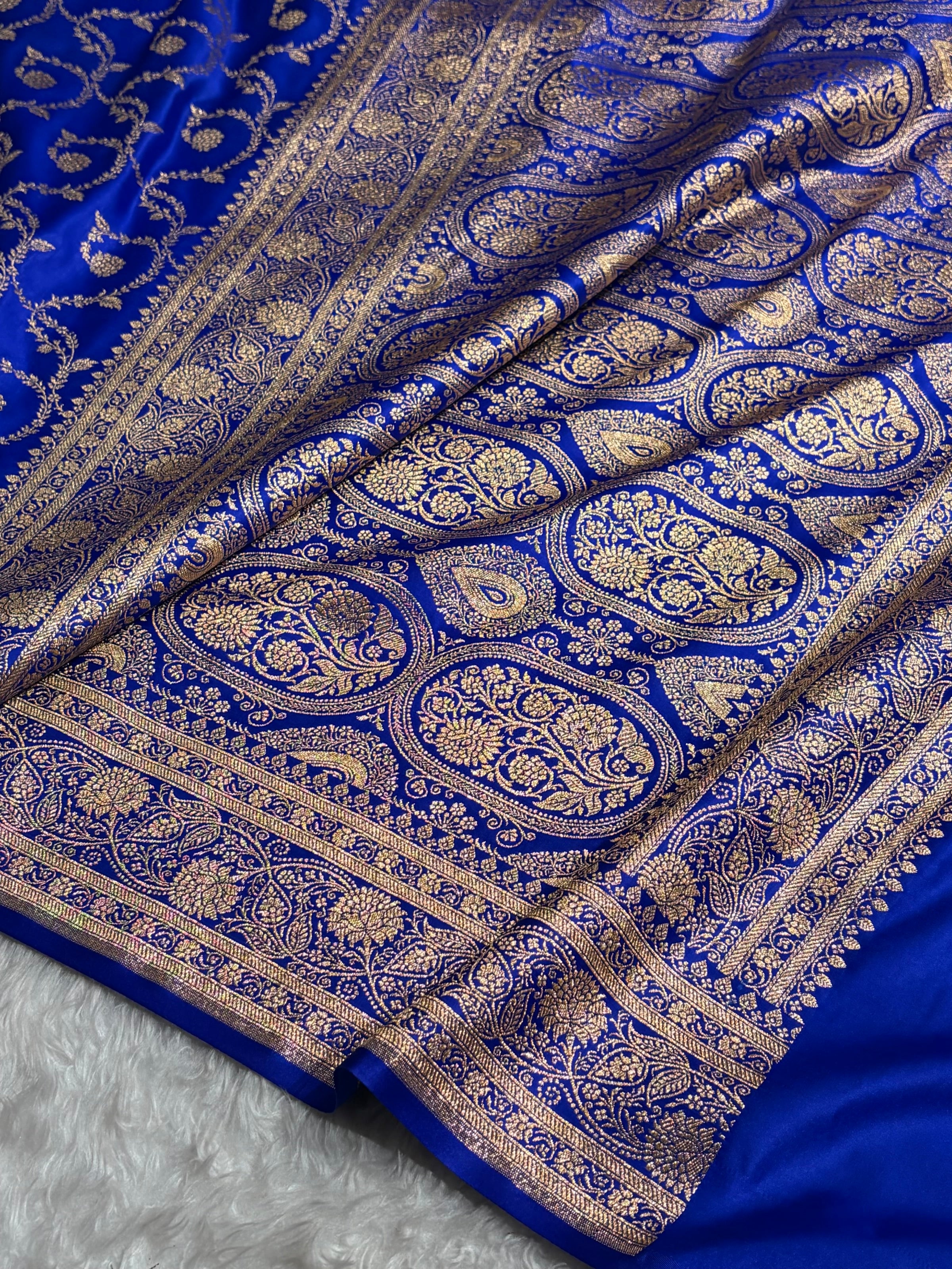 Royal Blue Shades Floral Jaal Pattern Satin Katan Silk saree SK55