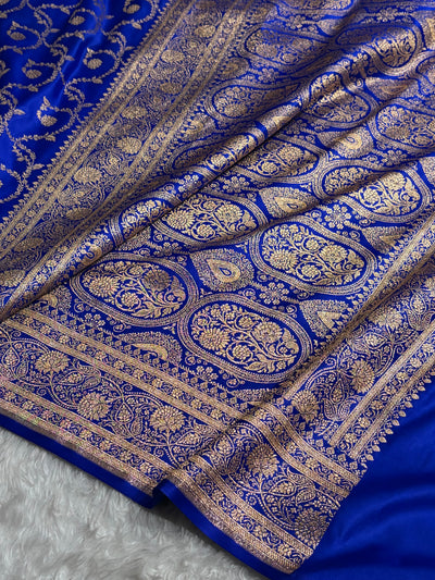 Royal Blue Shades Floral Jaal Pattern Satin Katan Silk saree SK55