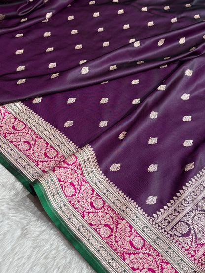 Banarasi Cross Wine With Contrast Rani Floral Border Mashru Silk Saree MSM-101