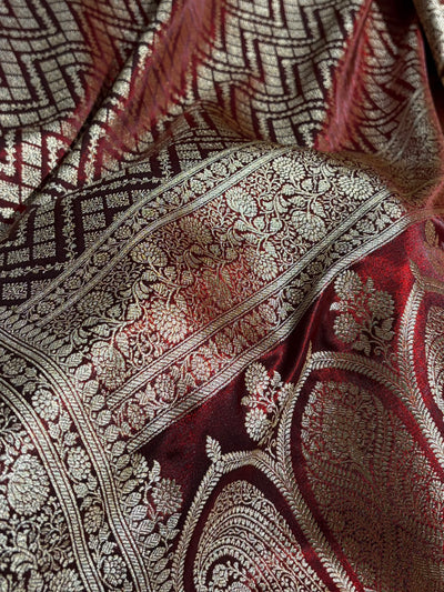 Maroon Shades Jaal Pattern Banarasi Satin Silk Saree SS56