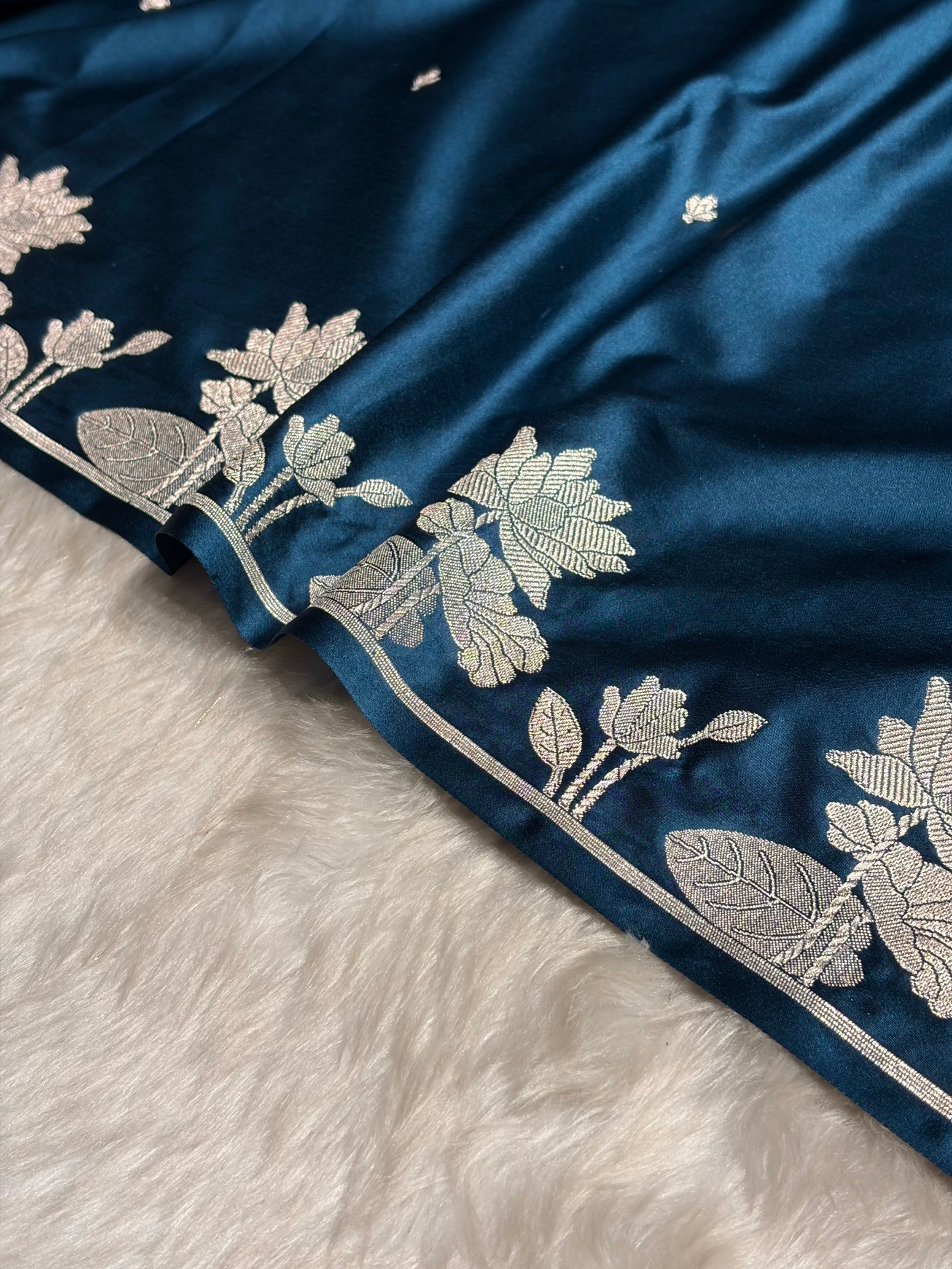 German Blue Floral Border Booti Mashru Silk Saree MS11