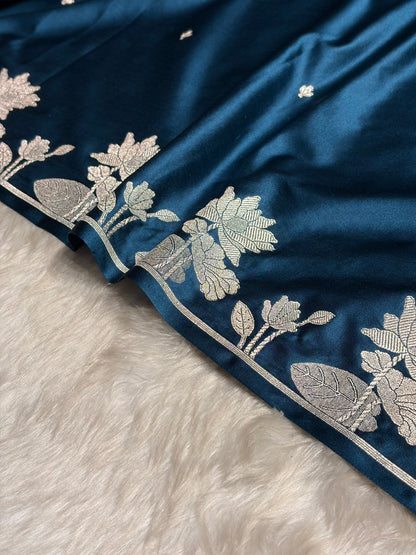 German Blue Floral Border Booti Mashru Silk Saree MS11