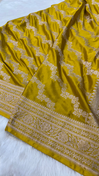 Mustard Yellow Mashru Silk Saree With Cross Pattern