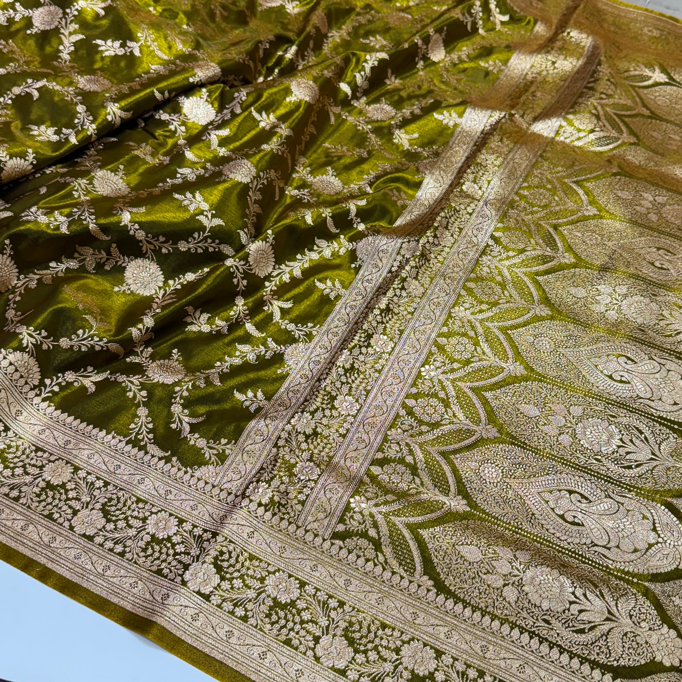 Satin Silk Jaal in Mehendi Green Shades