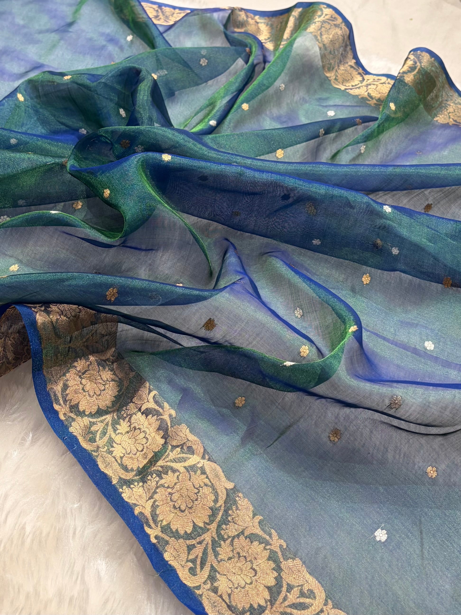 Royal Blue Bananasi Floral Shades Pure Tissue Silk Saree PT-42