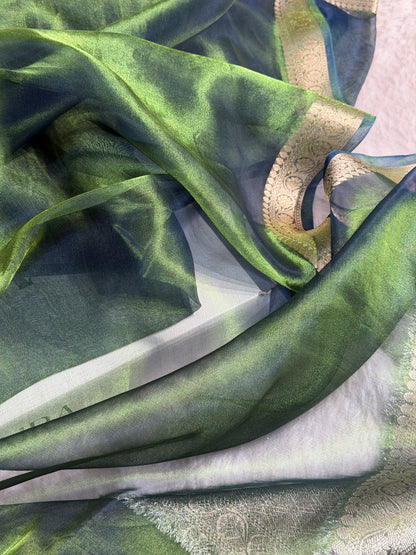 Banarasi Bottle Green Shades Pure Tissue Silk Saree with Brocade Blouse PT-09