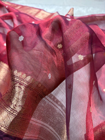 Maroon Shades Boota Pure Tissue Silk Saree PT-21