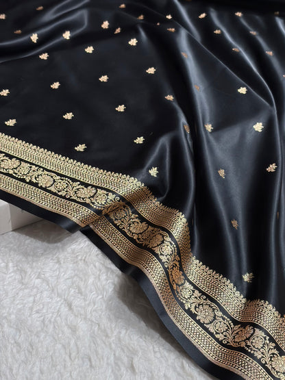Banarasi Satin Katan Saree With Booti Pattern in Black Shades SK125