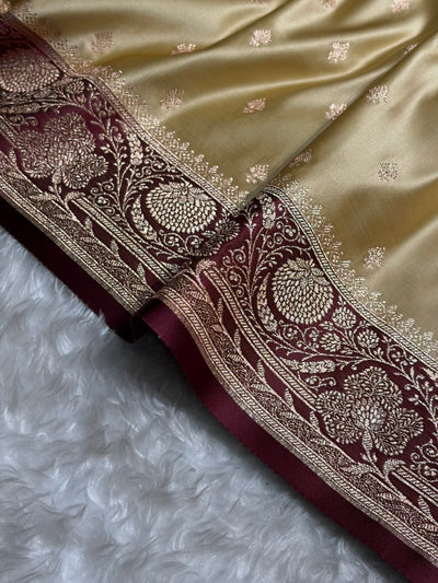 Banarasi Satin Katan Saree Floral Booti Pattern in Contrast Tusser / Garnet Shades SK153