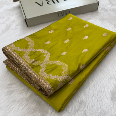 Mehandi Scallop Boota Mashru Silk Saree with gotta Patti MCSGP4