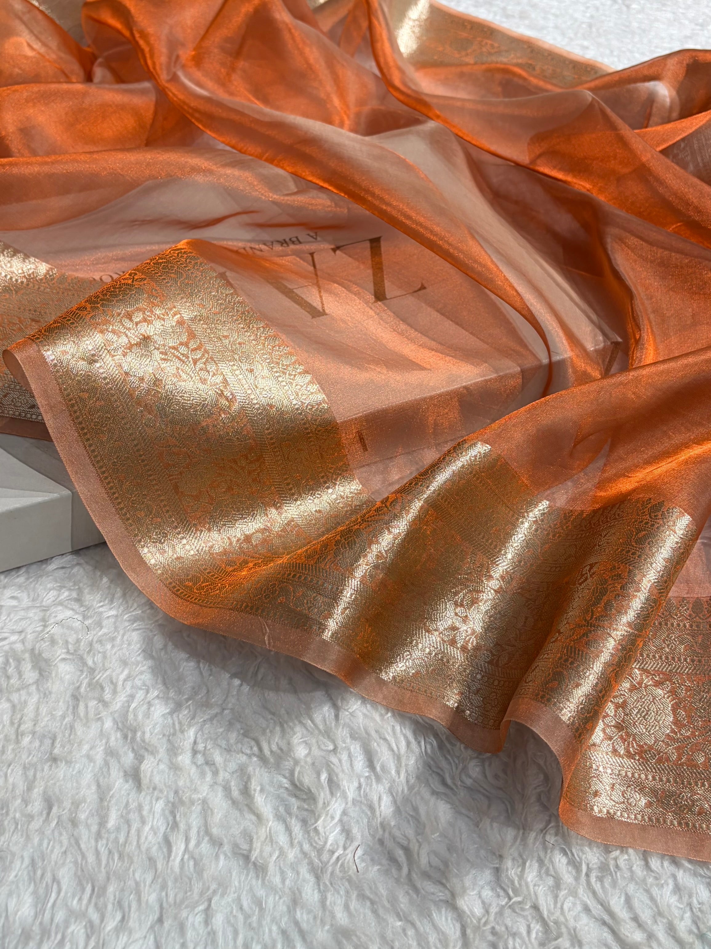 Pinkish Orange Shades Pure Tissue Silk Saree with Brocade Blouse PT-08
