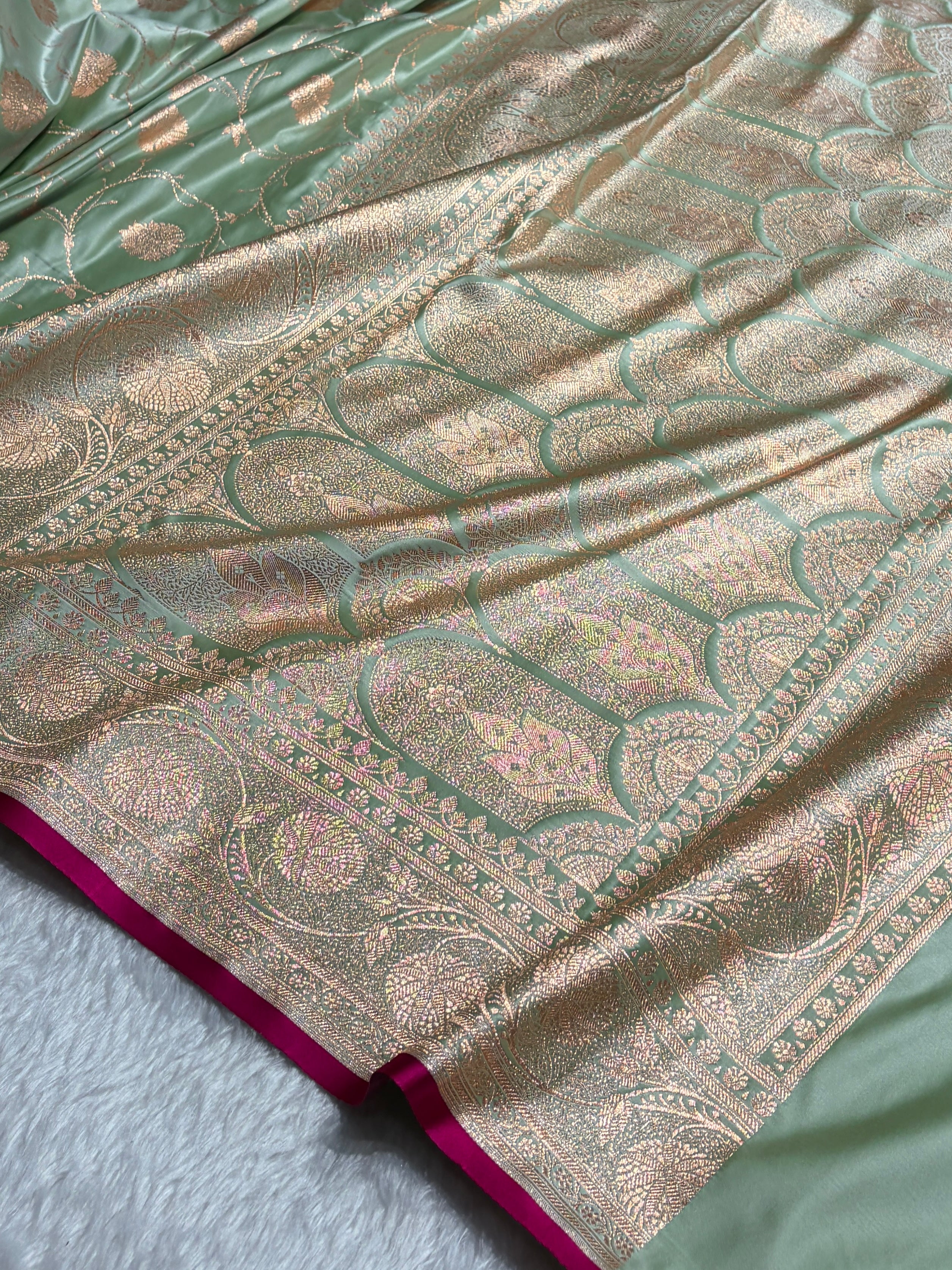 Pista Banarasi Jaal Satin Katan Silk Saree SK06